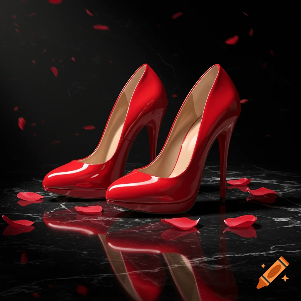 Two glossy red high heels on a black marble surface with scattered red rose petals, photorealistic.
