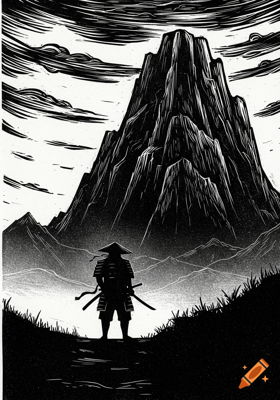 A monochrome linocut of a samurai in armor and a straw hat, standing with swords, facing a large, jagged mountain.