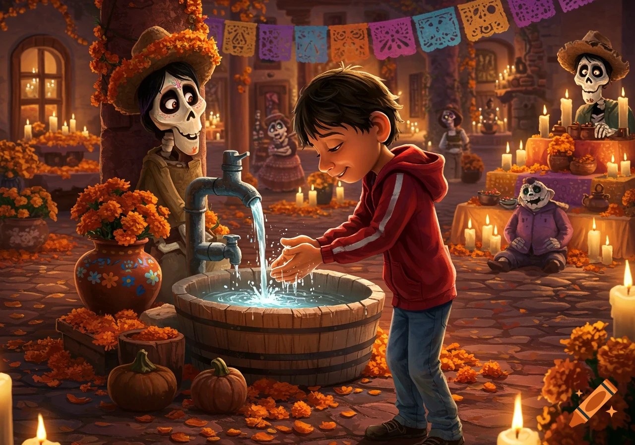 Animated boy from Disney's Coco washes hands in a barrel, surrounded by festive Day of the Dead decorations and skeleton figures.