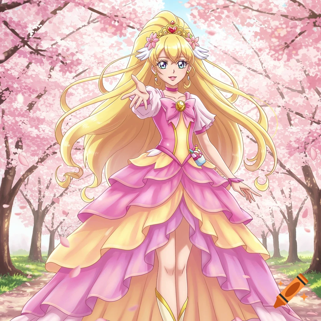 A blonde anime magical girl in a pink and yellow princess dress smiles and reaches out in a cherry blossom garden.