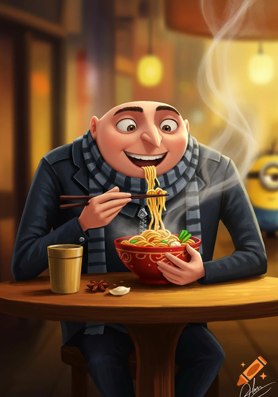 Gru from Despicable Me happily slurping noodles with chopsticks from a steaming red bowl at a restaurant, with a Minion in the background.