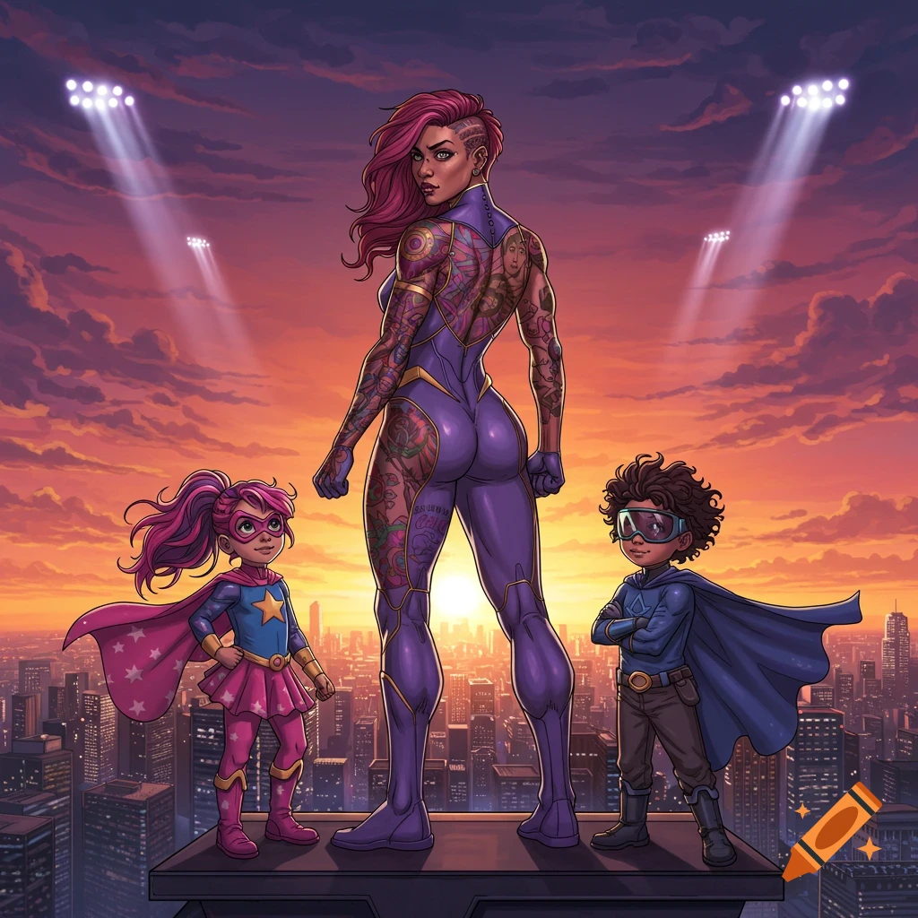 Comic art of a muscular, tattooed female superhero with two child sidekicks on a city rooftop at sunset.