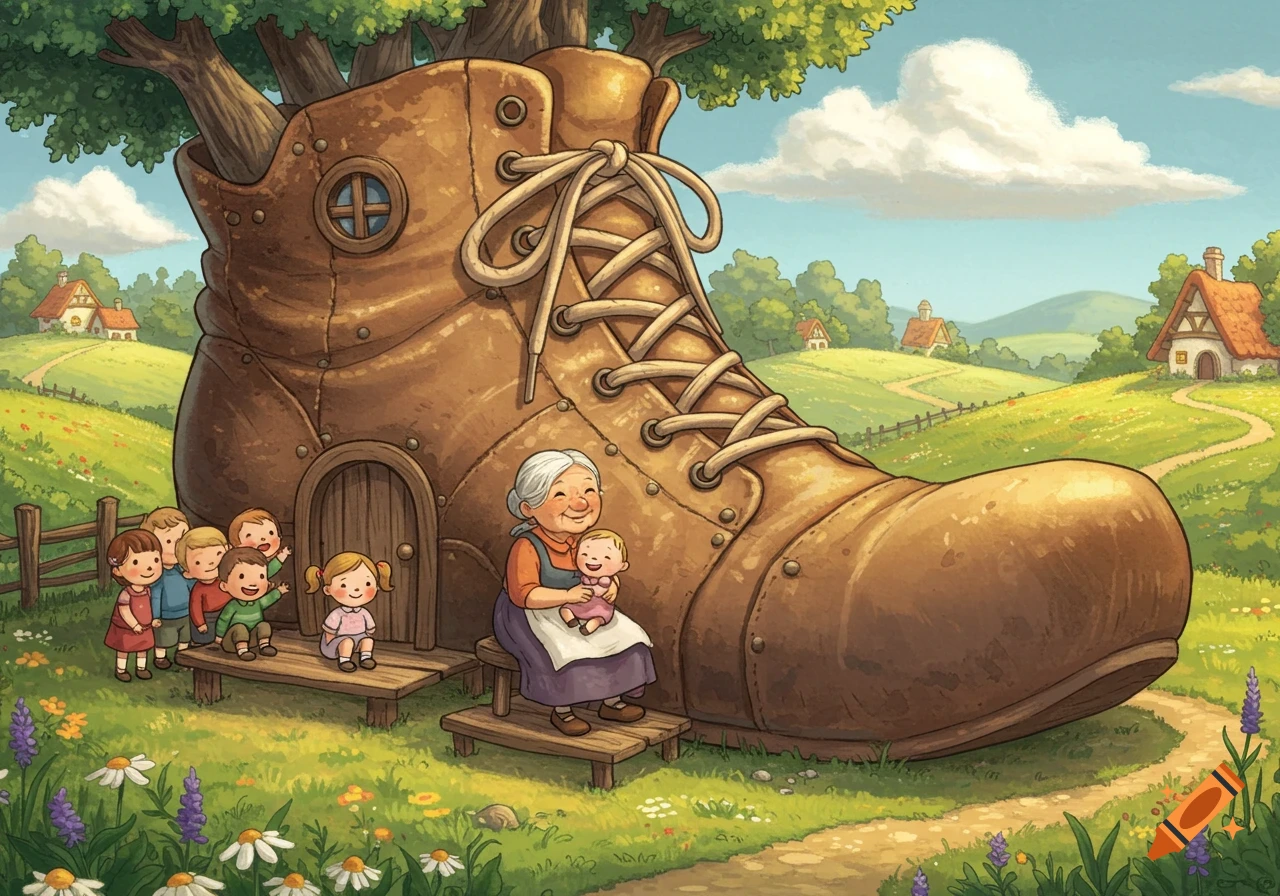An old woman holds a baby outside a giant boot-house with children lined up, set in a vibrant, cartoonish, green landscape.
