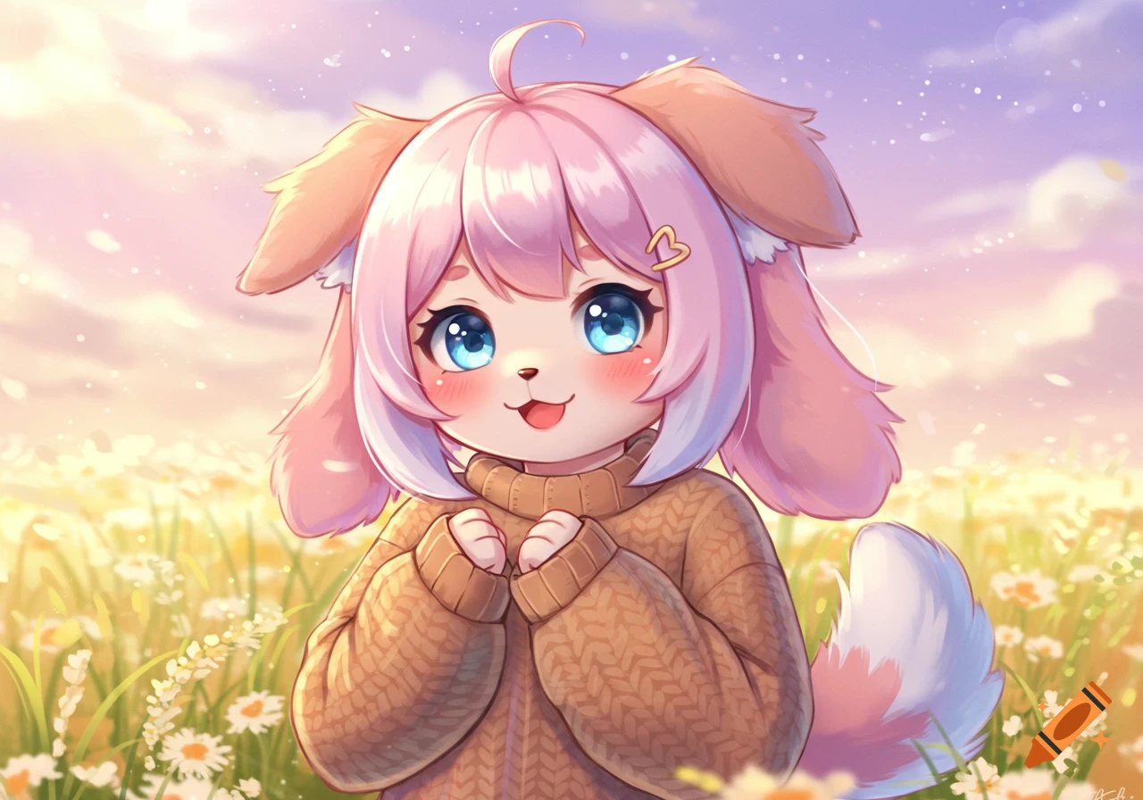 An anime-style anthropomorphic dog girl with pink hair and big blue eyes, wearing a brown sweater, smiles in a field of white flowers.
