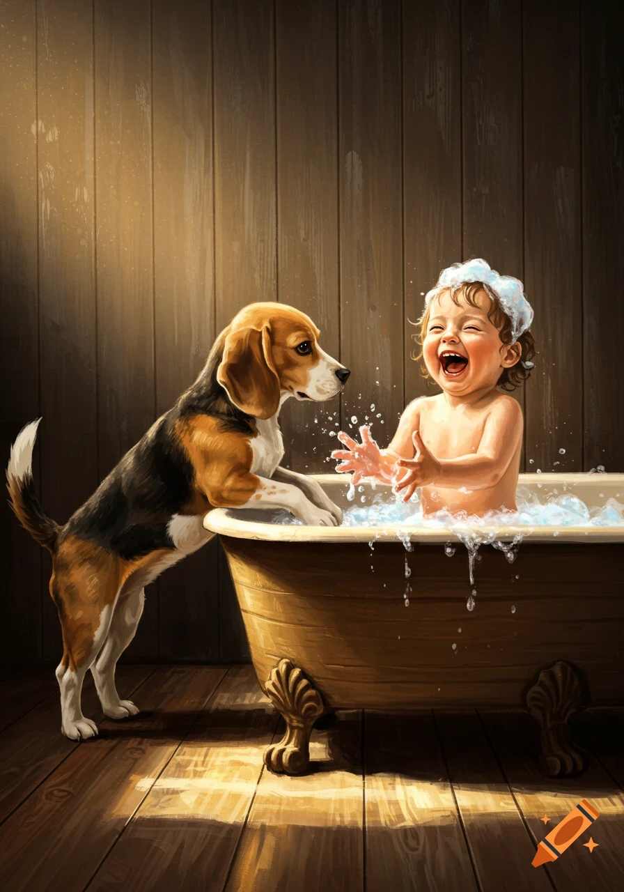 A joyful baby splashes in a bubble bath while a beagle dog watches from beside the tub, with a wooden background, in an illustrative style.