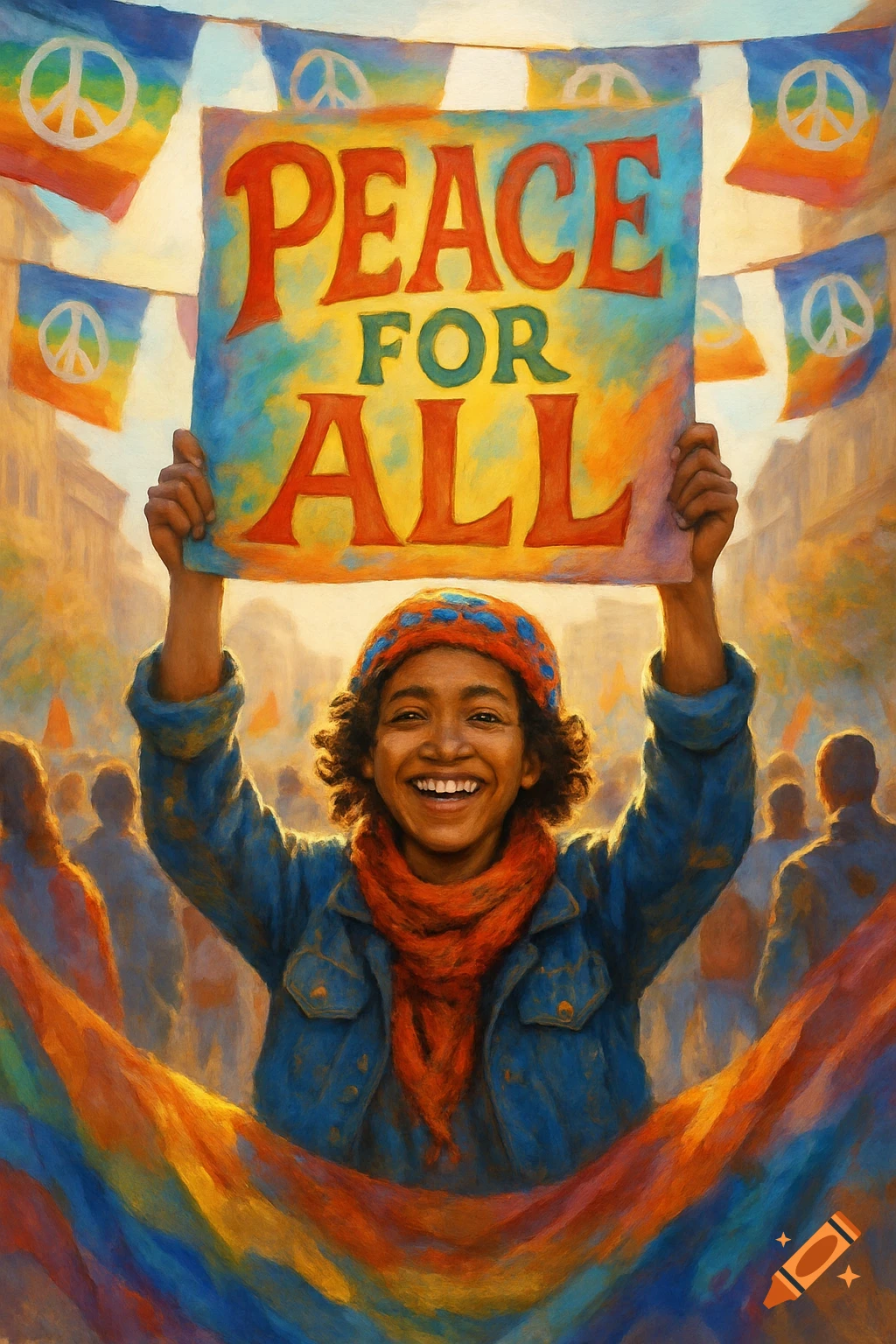 A smiling protester holds a 'PEACE FOR ALL' sign in a colorful, painterly street scene with flags and a crowd.