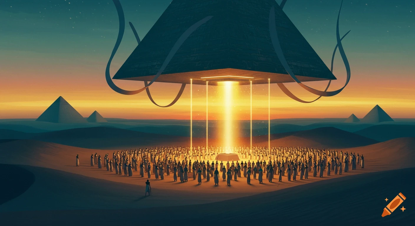 A stylized digital illustration of an inverted pyramid floating over a desert crowd under an orange-blue sky, lit by golden beams.