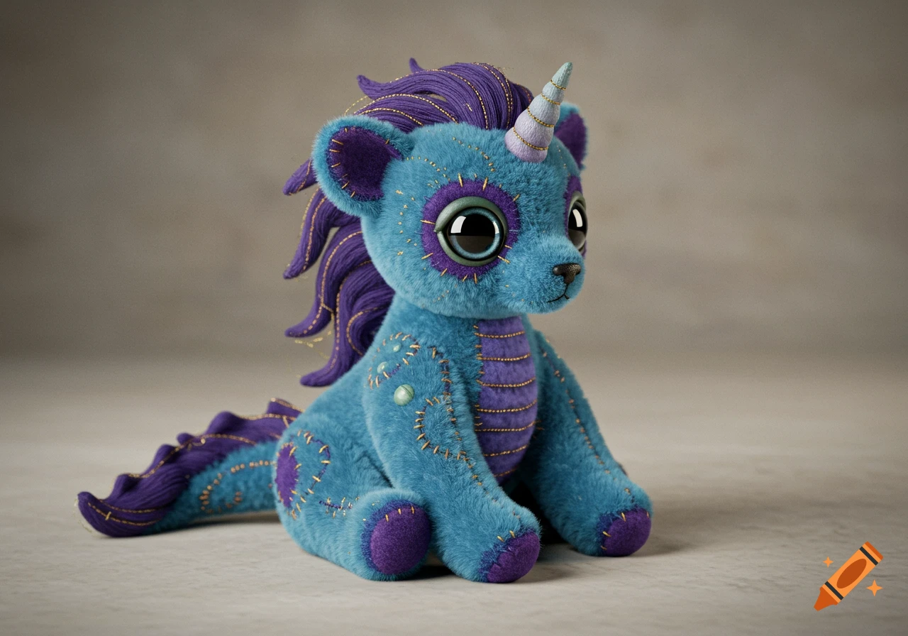 A teal blue stuffed mythical creature with purple mane, tail, and feet, and a spiraled horn, detailed with gold stitching.