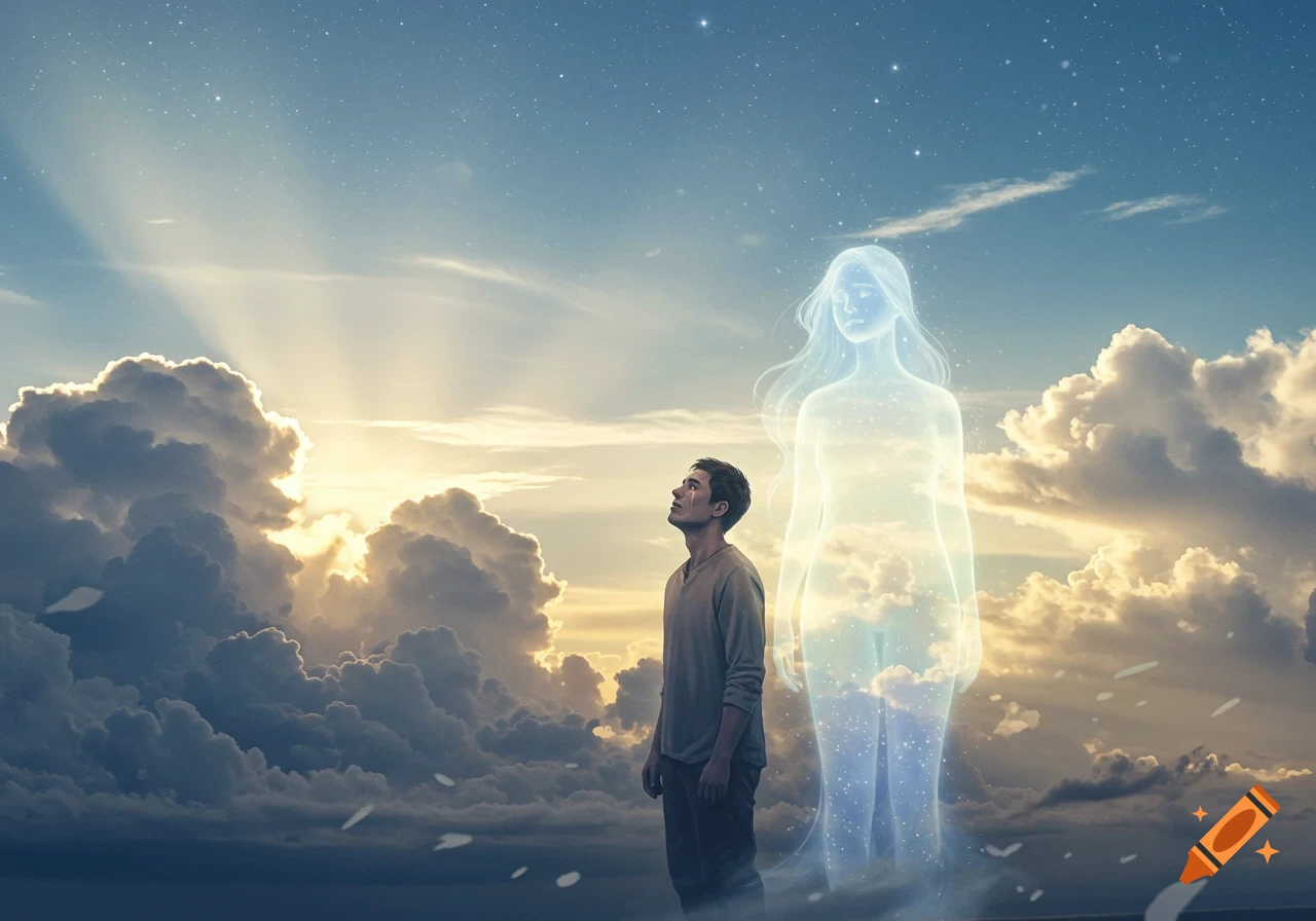 A man weeps while looking up at the glowing, translucent spirit of a woman against a dramatic cloudy sky with rays of light.