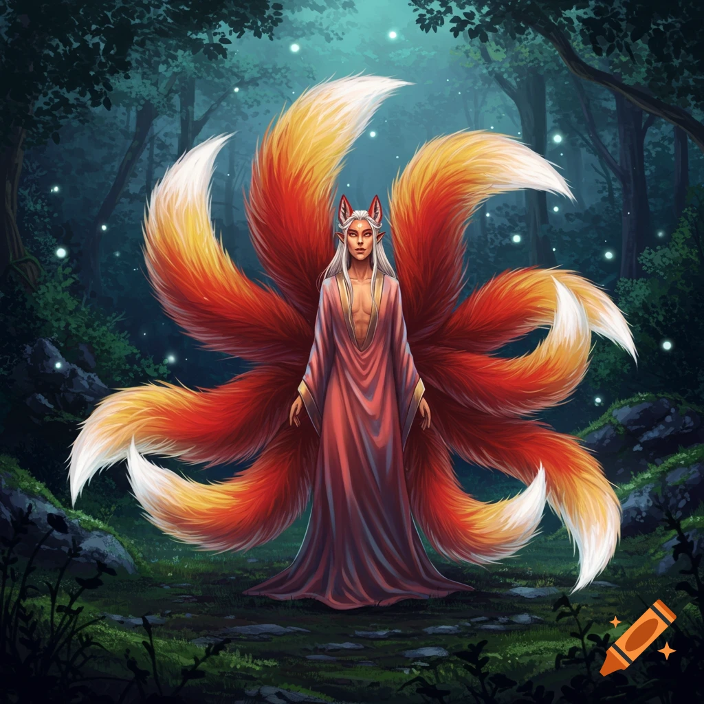 A white-haired, nine-tailed kitsune figure with fox ears in a deep pink robe stands in a mystical forest with glowing fireflies.