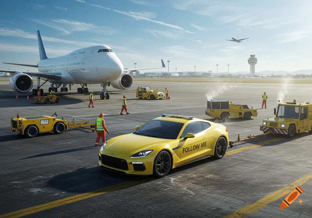 A bright yellow 'FOLLOW ME' car on an airport tarmac near a large white airplane and ground crew, with another plane flying overhead. Photorealistic.