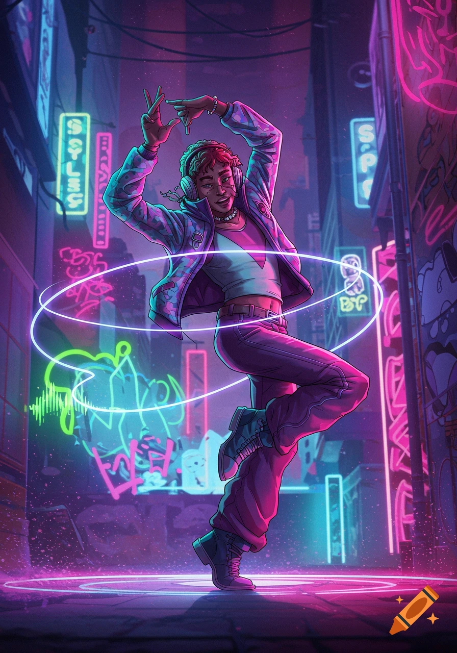 A person with headphones dances in a neon-lit cyberpunk city alley, surrounded by glowing light trails in a vibrant, stylized artwork.
