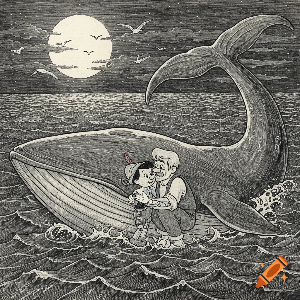 Pinocchio embraces Geppetto on a large whale in a wavy ocean under a full moon and starry sky, in detailed monochrome line art.