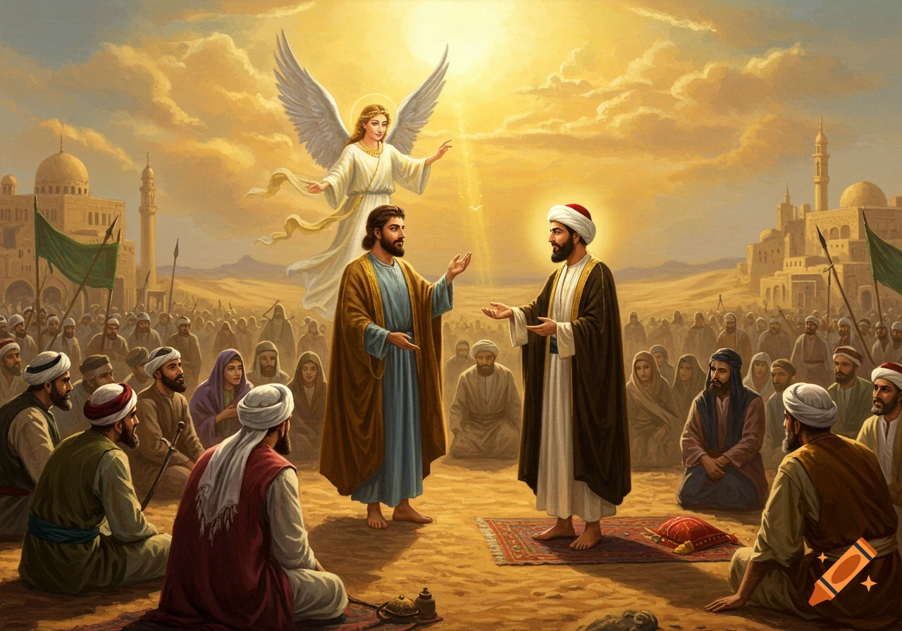 A divine gathering with two robed men, an angel, and a crowd in a desert city under a bright sky, digital painting.