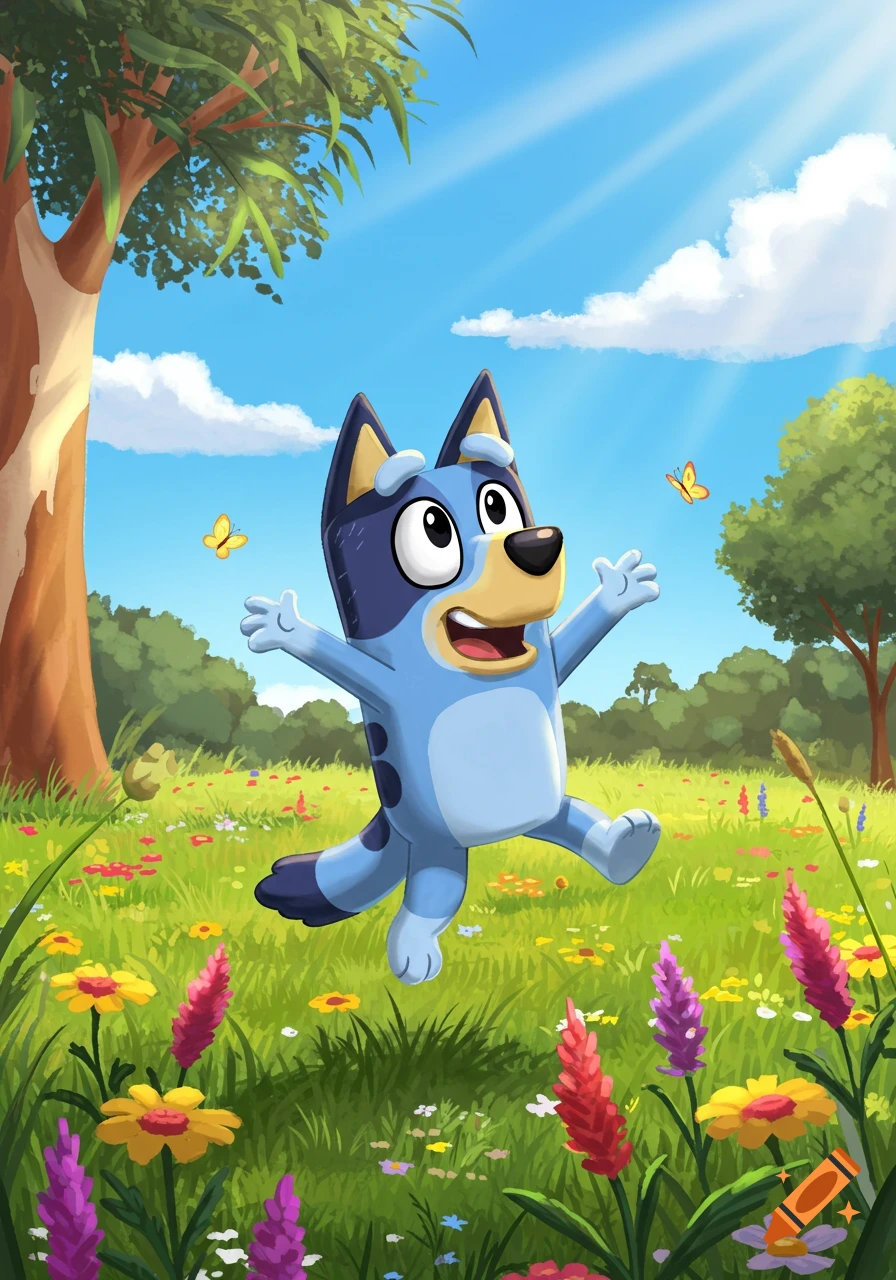 Bluey cartoon character happily jumps in a vibrant, sunny field filled with colorful wildflowers under a blue sky.