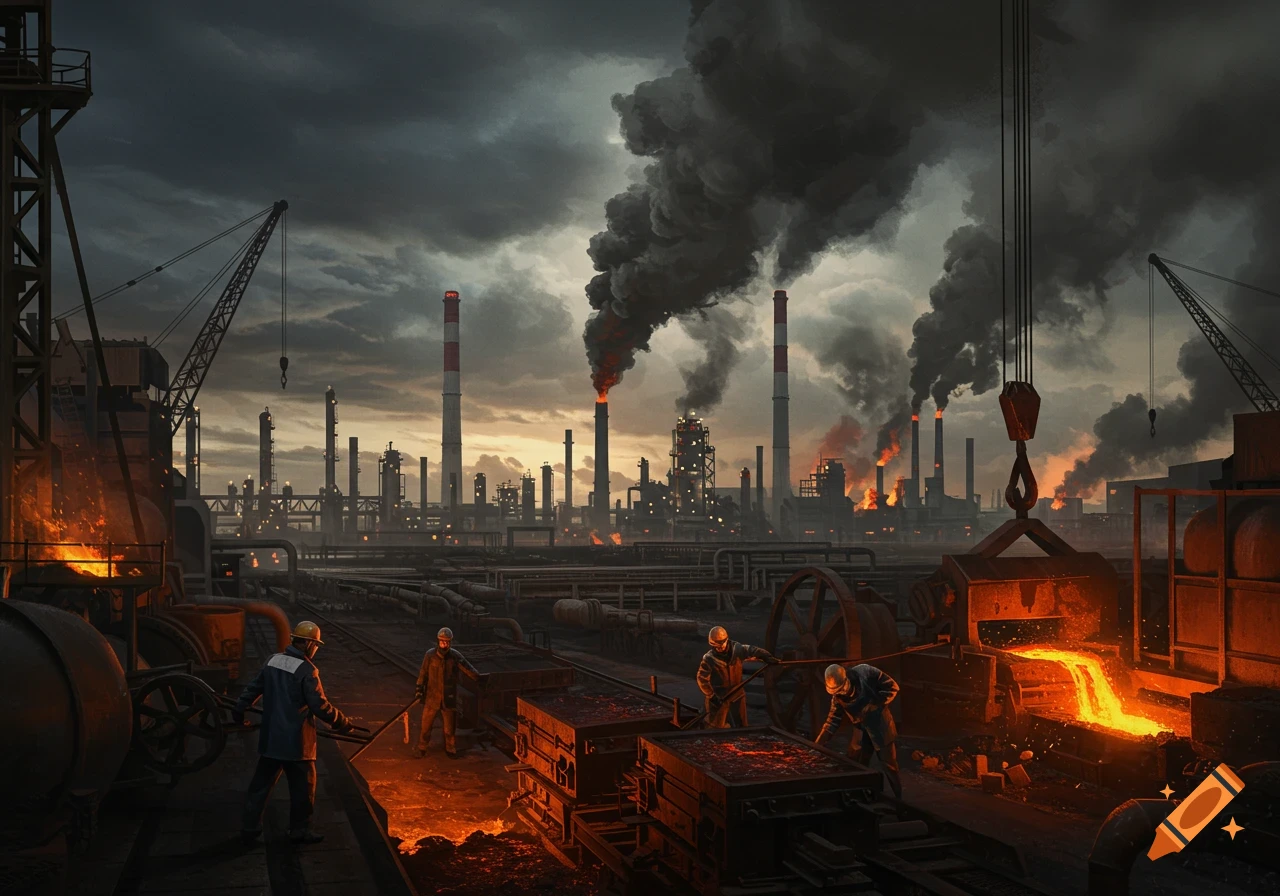 A vast industrial complex under a dark, cloudy sky, with smokestacks emitting thick black smoke and workers handling molten metal in the foreground.