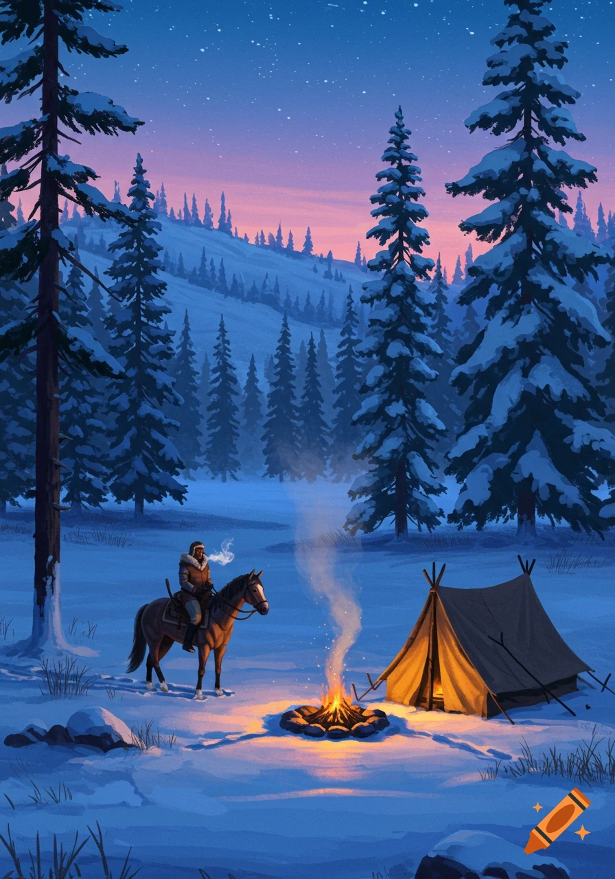 A person on horseback next to a glowing campfire and tent in a snowy winter forest under a starry twilight sky.