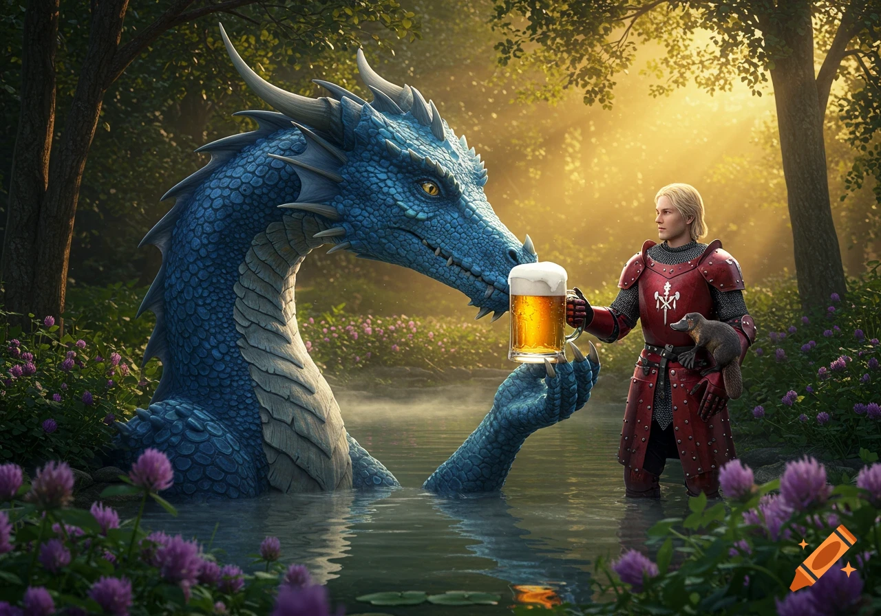 A hyper-realistic image of a blue dragon and a red-armored knight in a forest stream at golden hour. The dragon holds a beer mug, and the knight holds a platypus.