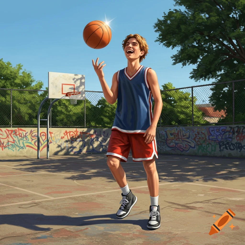 A smiling teenage boy in a blue and red basketball uniform spins a basketball on his finger on an outdoor court with graffiti.