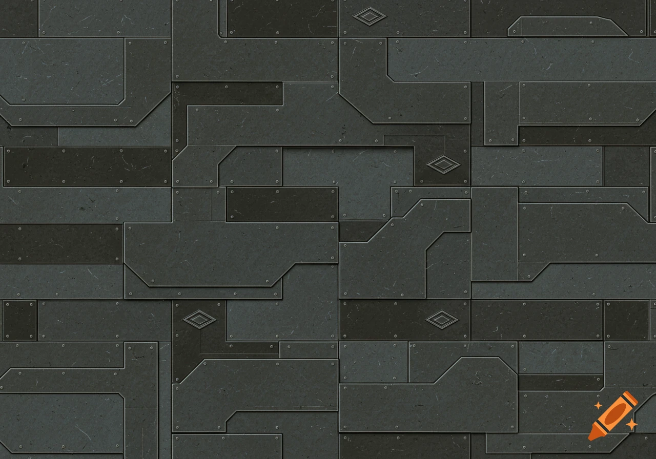 A seamless repeating pattern of dark gray and black metallic panels with rivets and subtle geometric emblems.