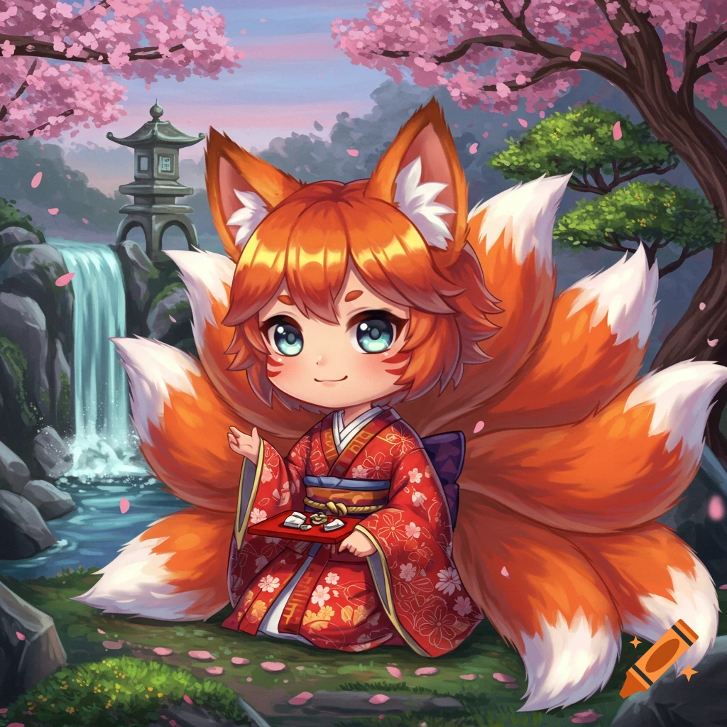 A cute chibi kitsune with orange fur and multiple tails wears a red kimono, holding a tray, in a serene cherry blossom garden with a waterfall.