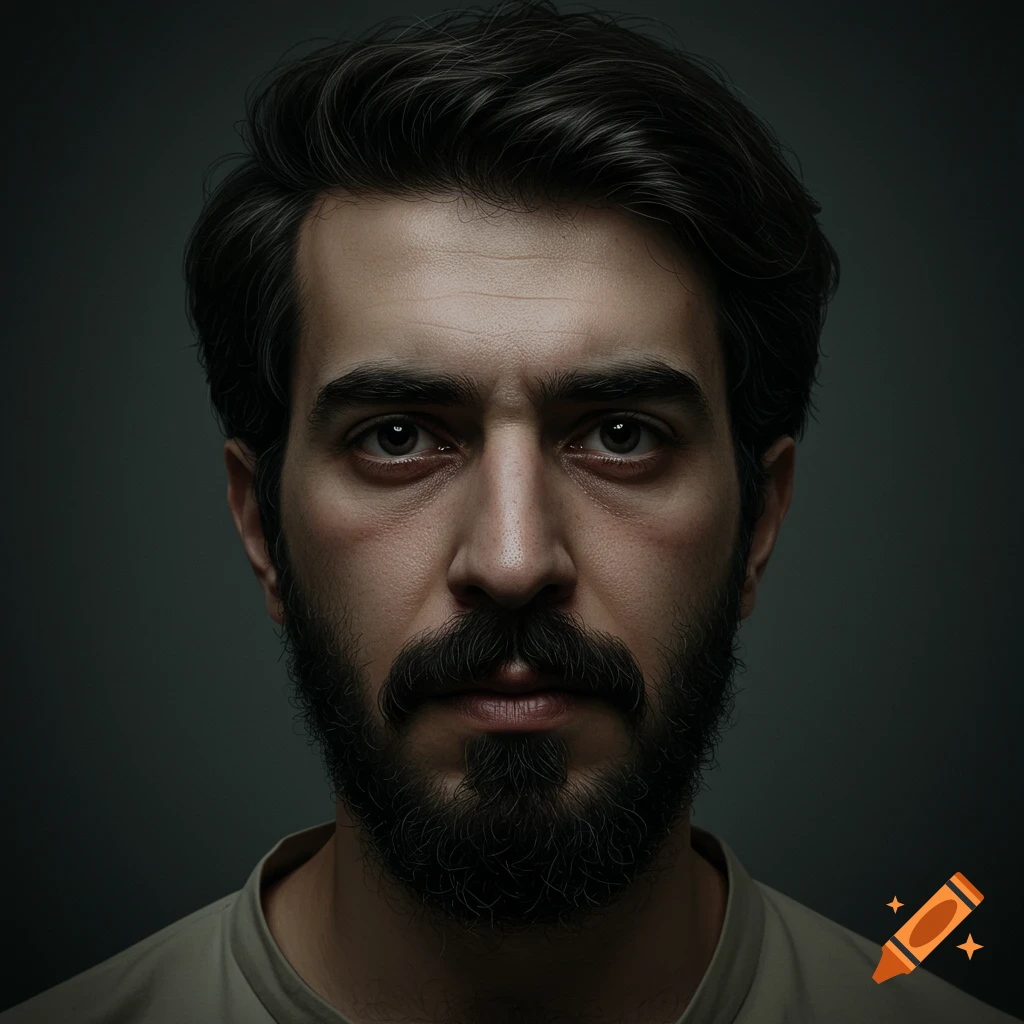 A photorealistic portrait of a man with dark hair and a beard, looking directly forward with an intense expression.