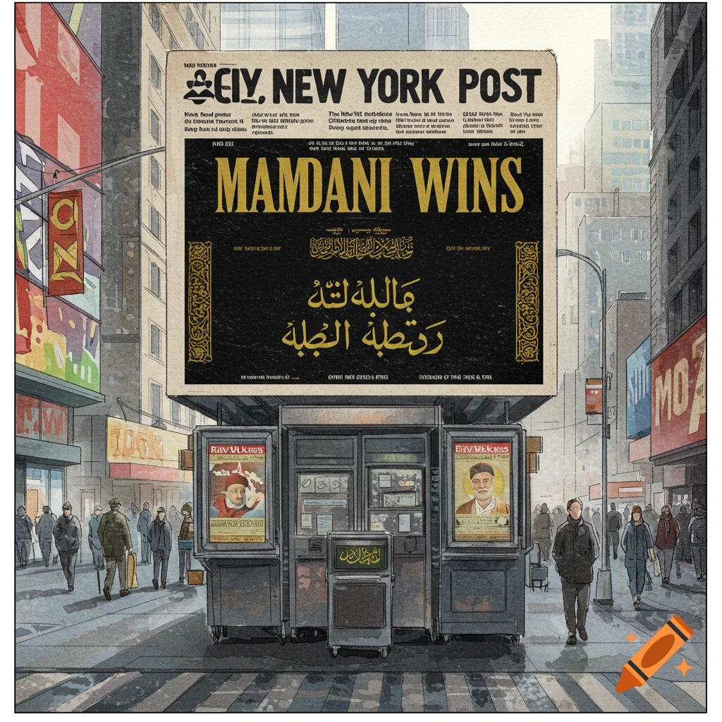 An illustrative street scene in New York City with a large billboard displaying "NEW YORK POST" and "MAMDANI WINS" with Arabic text below it, above a newsstand.
