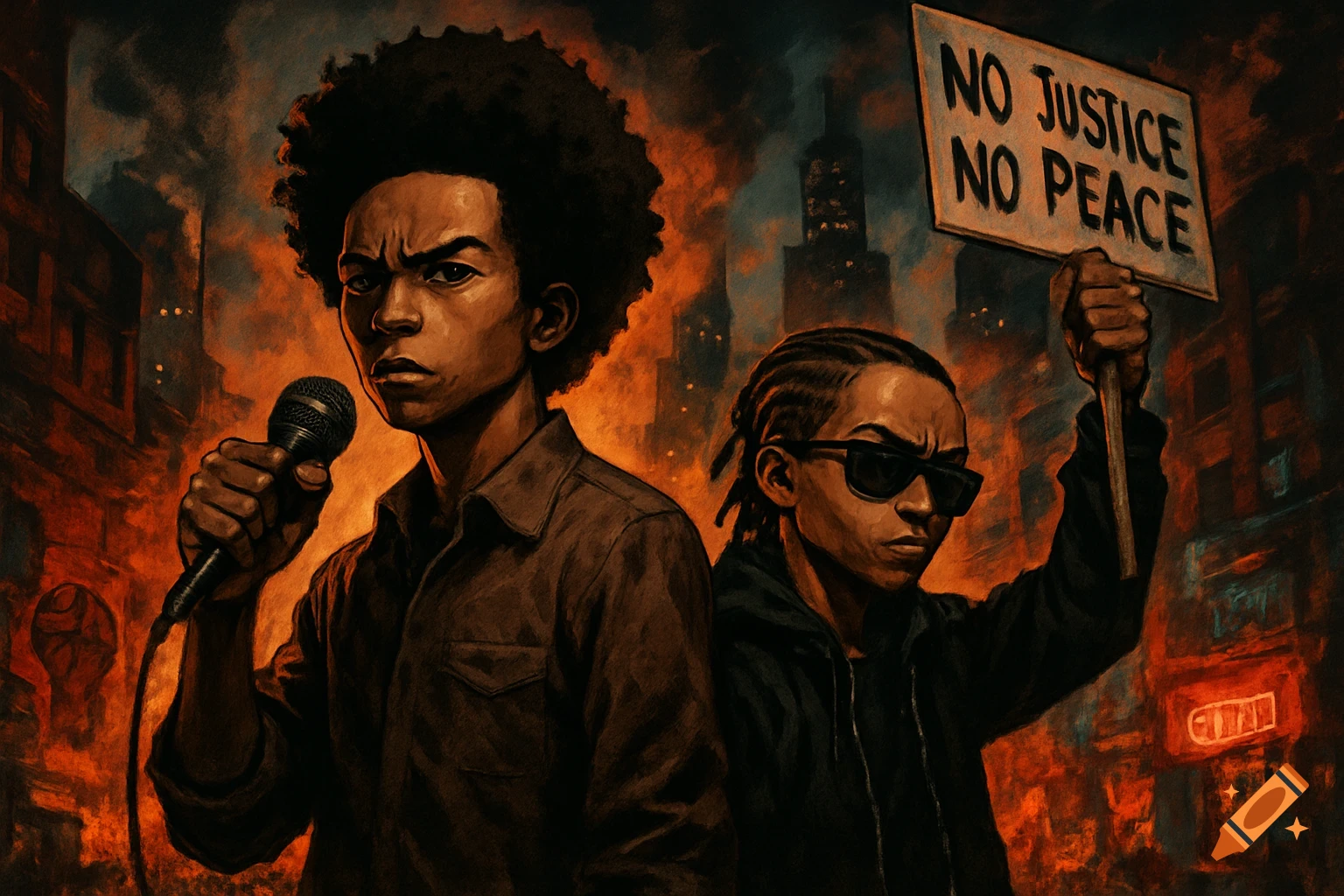 Fan-art illustration of two young Black men, one with a mic and one with a 'NO JUSTICE NO PEACE' sign, in a burning city.