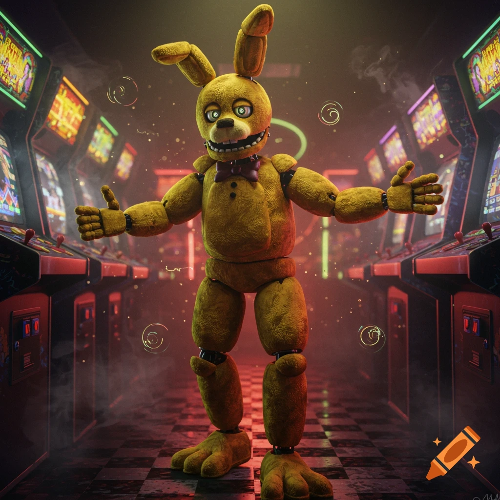 A yellow animatronic rabbit with large ears and a bow tie stands in an arcade, arms outstretched, in a photorealistic style.