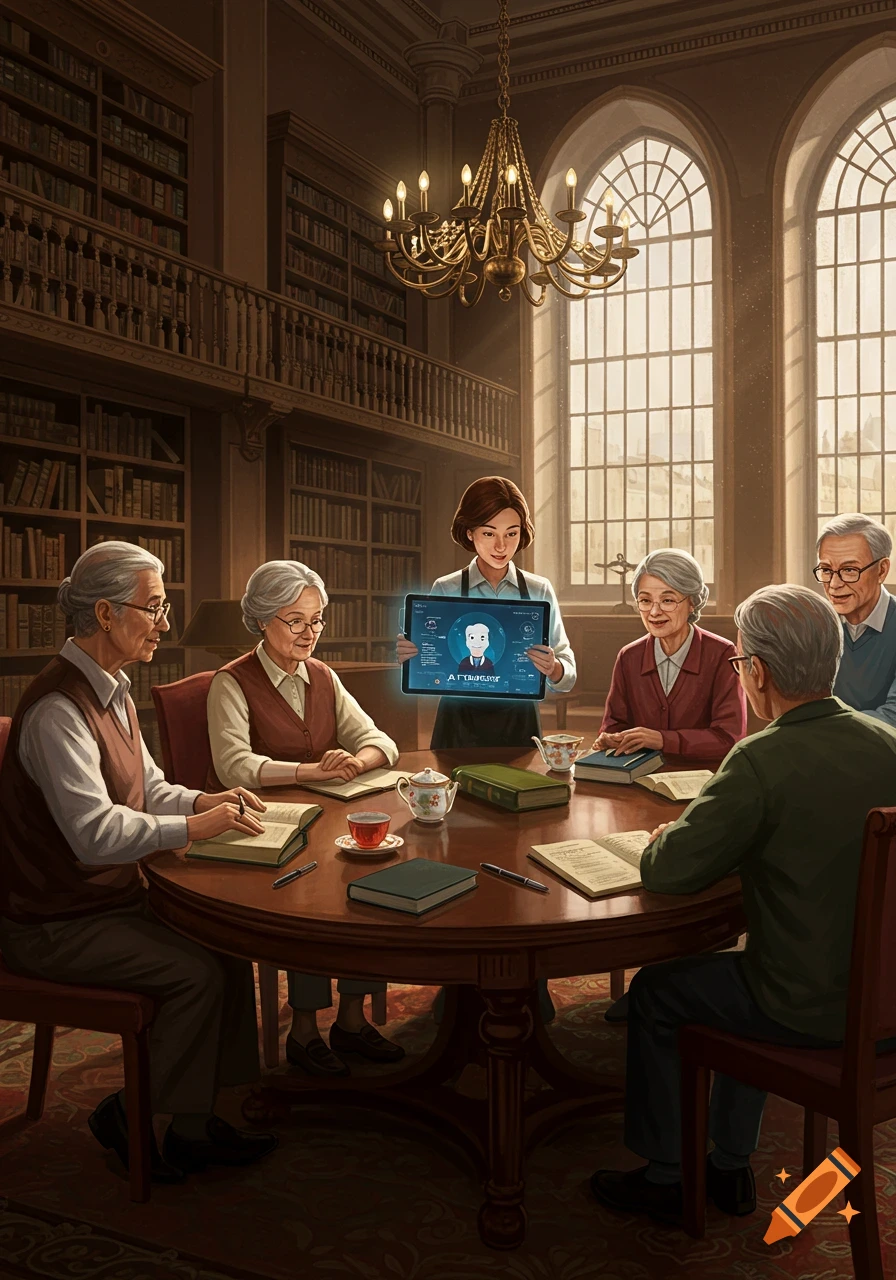 Young woman presents a glowing AI tablet to five seniors gathered around a large table in a grand library, illustration.