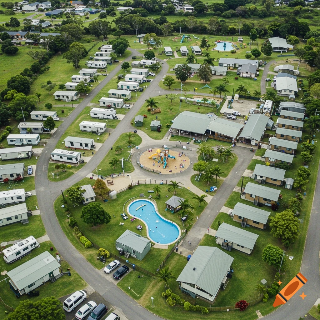 Aerial view of a bustling holiday park featuring numerous caravans and cabins, a playground, and a winding swimming pool, all surrounded by green lawns and trees.