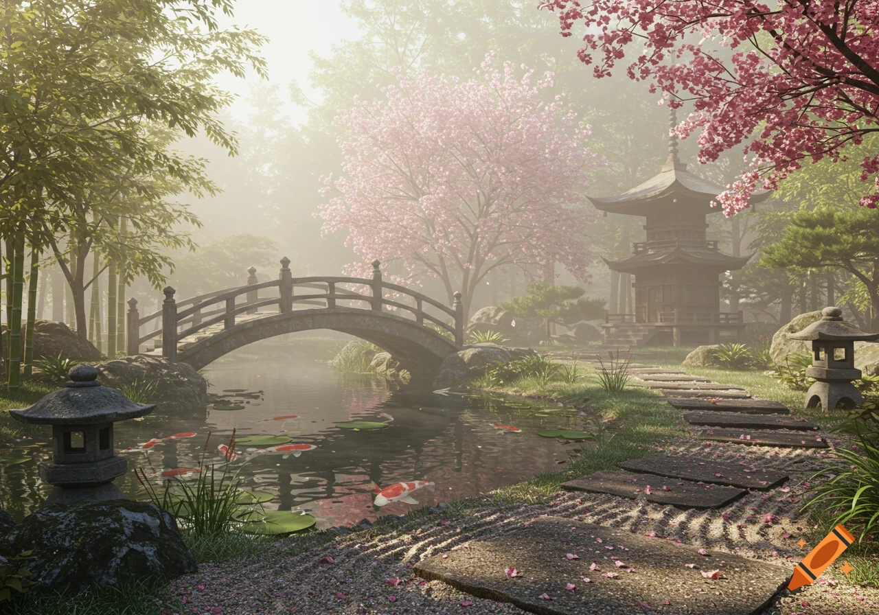 Photorealistic image of a serene Japanese garden with a stone bridge over a pond, koi fish, cherry blossoms, and a pagoda.