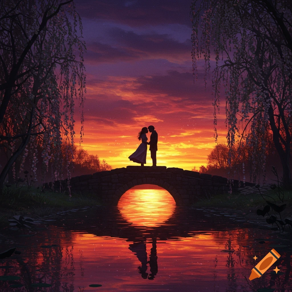 A romantic fantasy art image of a couple silhouetted on a stone bridge over water, against a vibrant orange and purple sunset sky.