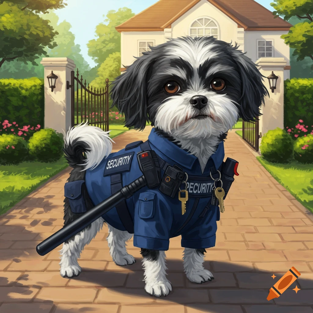 Illustrative black and white Shih Tzu dog in a blue security uniform, holding a baton and keys, on a path in front of a house.