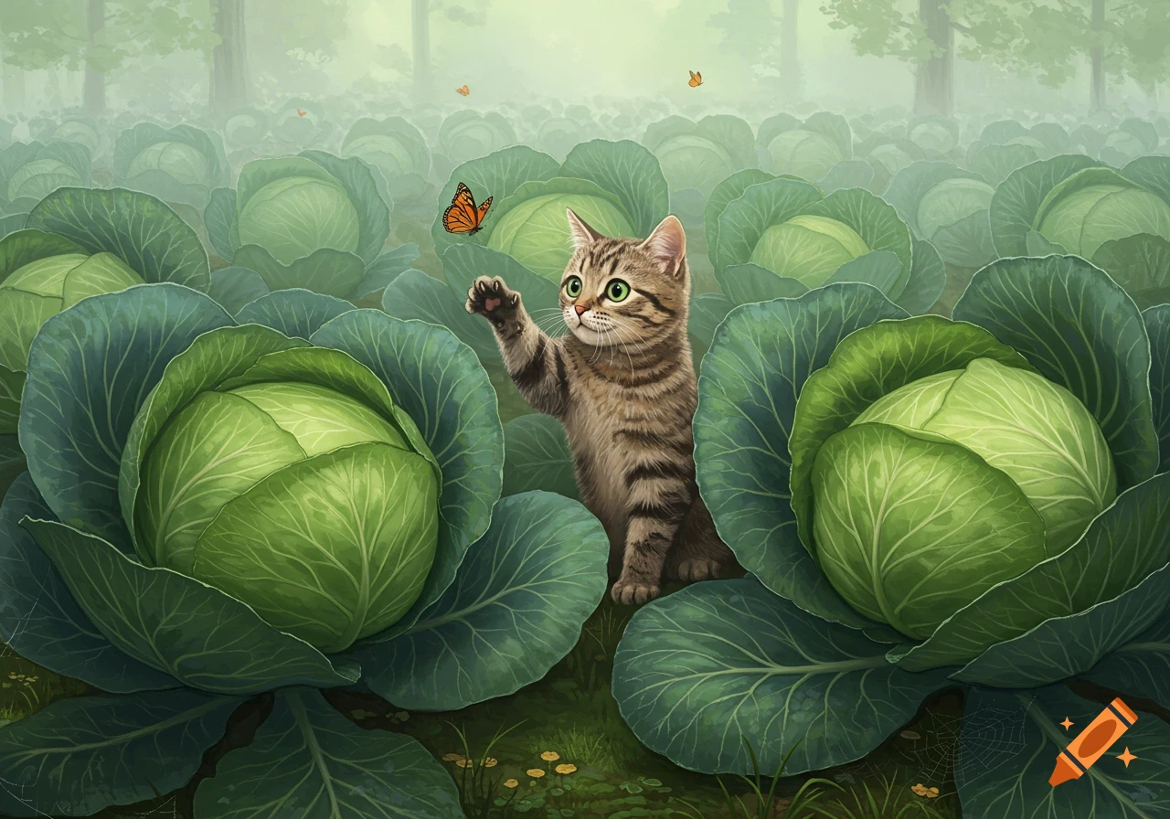 Charming illustration of a tabby cat reaching for an orange butterfly ...