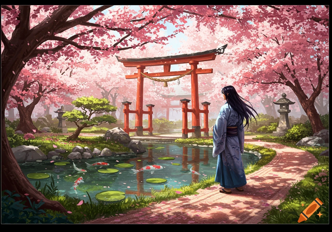A woman in a kimono stands on a path beside a koi pond in a vibrant Japanese garden filled with cherry blossoms and red torii gates.