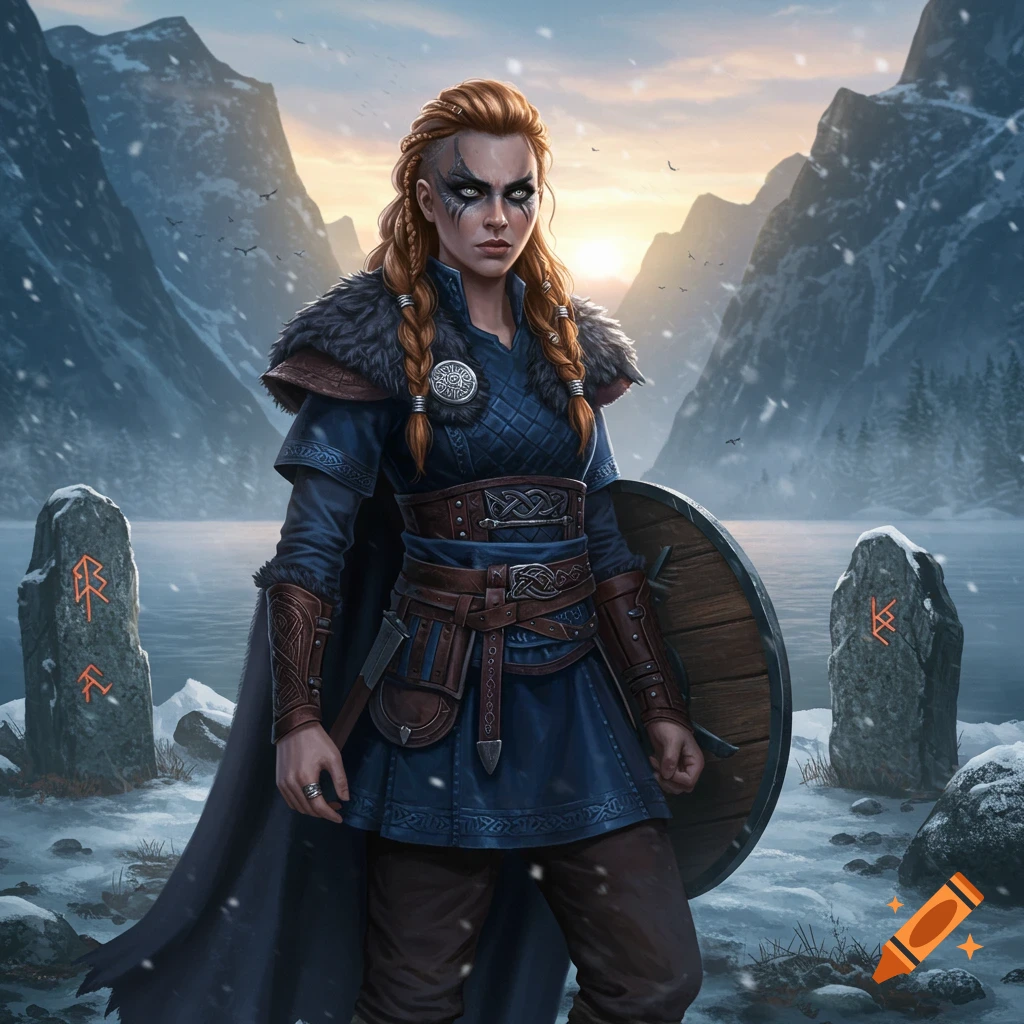 A striking female Viking warrior with red braided hair, war paint, and armor, holding a shield in a snowy mountain landscape at sunset.