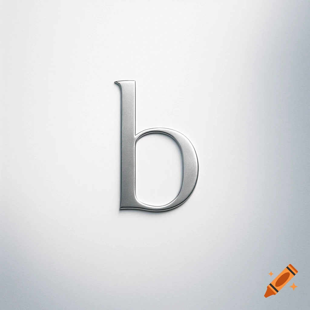 A silver, metallic lowercase letter 'b' on a bright white background.