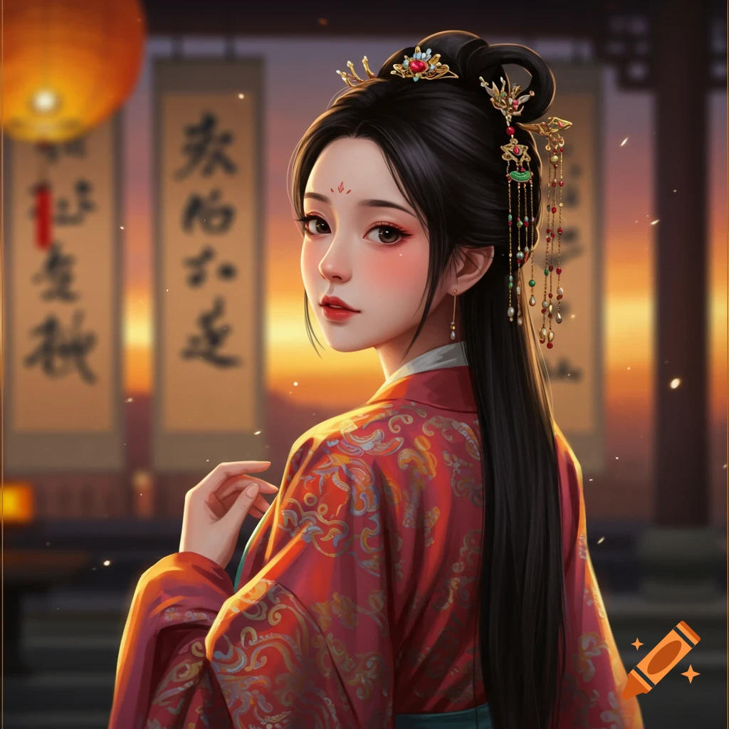 Digital art portrait of a young Chinese woman in elaborate traditional red and gold attire, looking over her shoulder, with blurred lanterns.