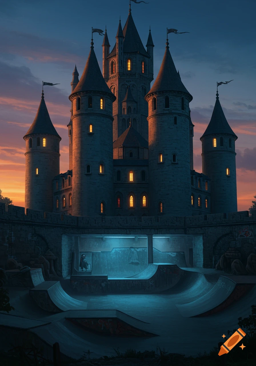 A majestic fantasy castle with lit windows at dusk, overlooking an illuminated underground skate park with blue light.