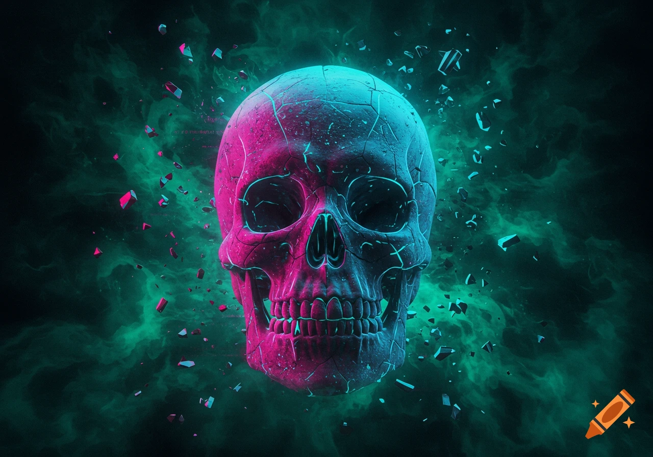 A stylized skull split with neon pink and blue light, surrounded by glowing green smoke and fragmented debris on a dark background.