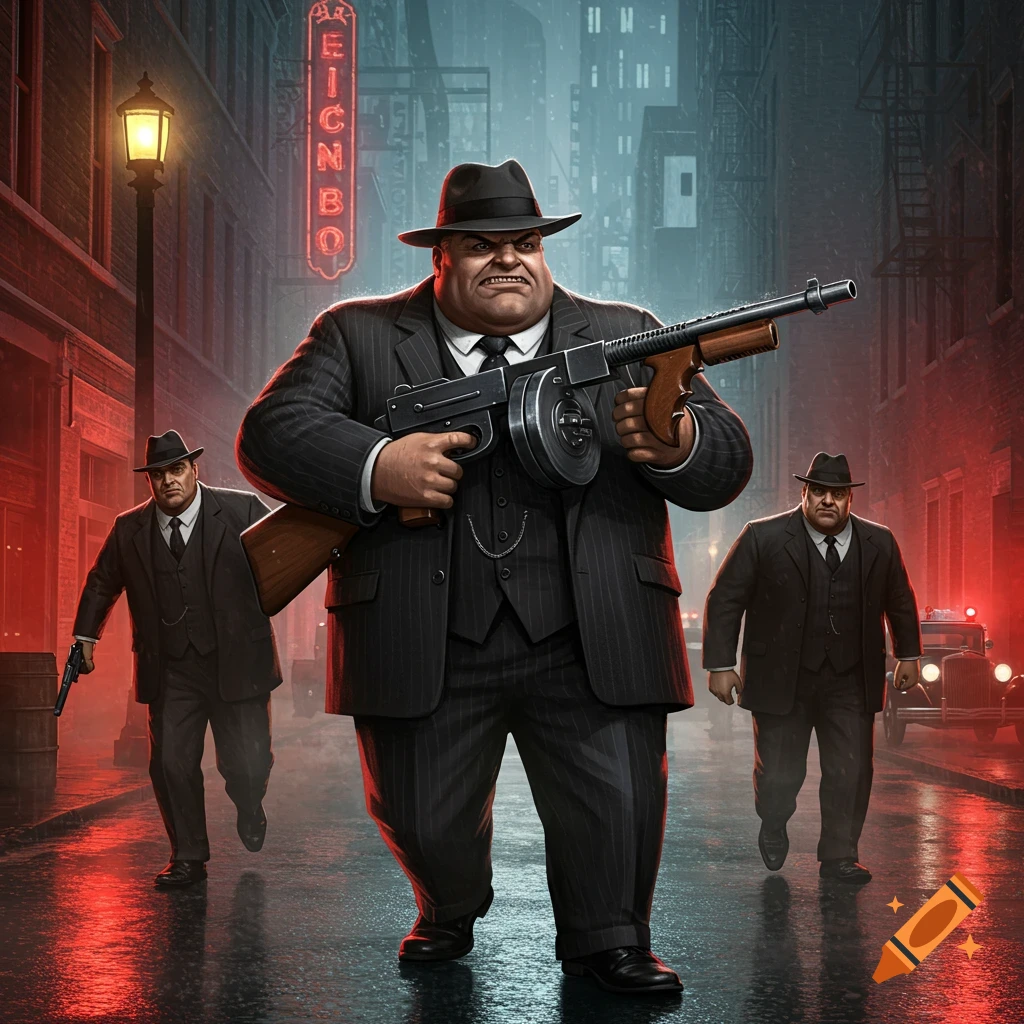 Stylized illustration of a large mob boss with a tommy gun leading two mobsters down a dark, rainy city street at night.