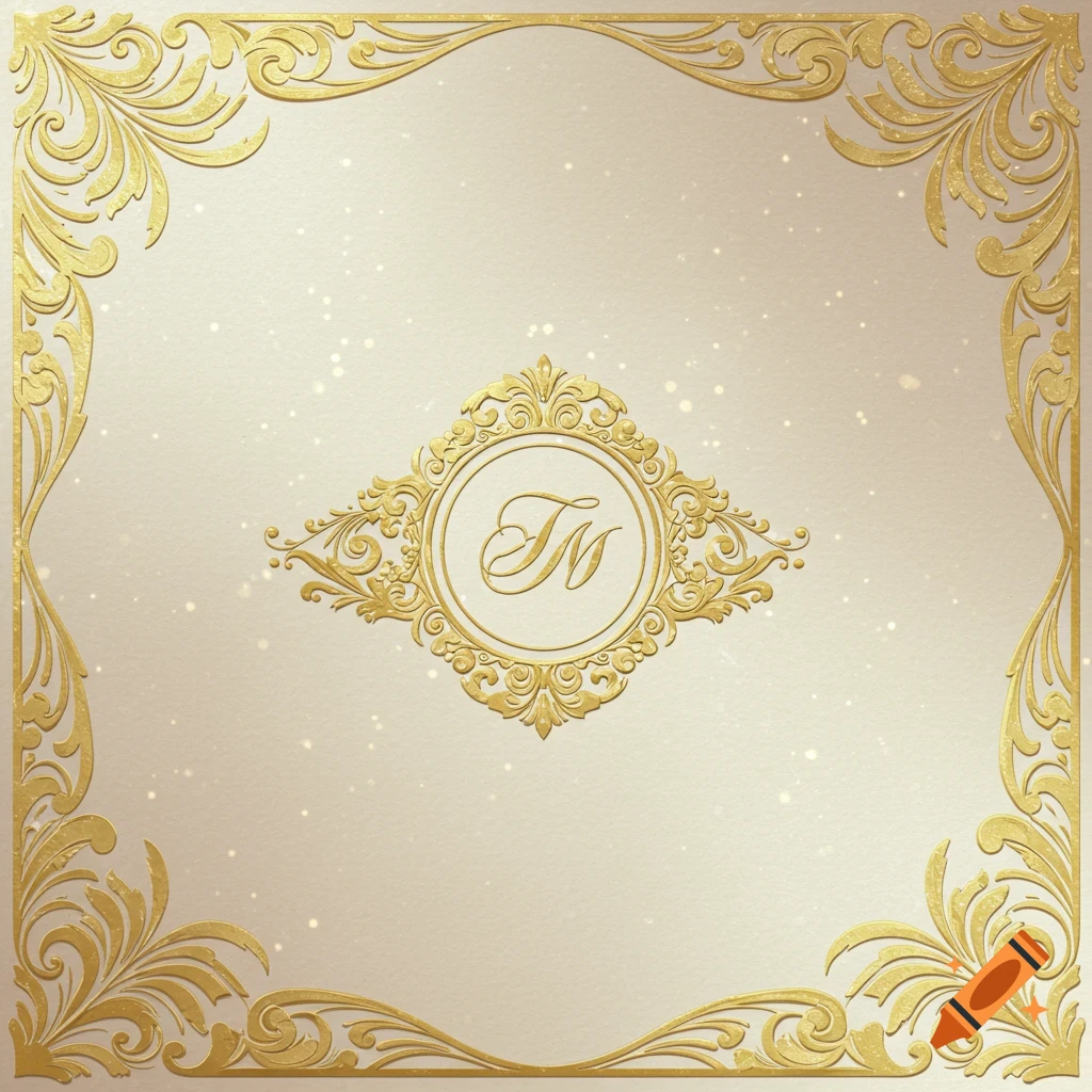 Elegant gold ornate frame with a central 'M' monogram on a light beige background with subtle sparkles.