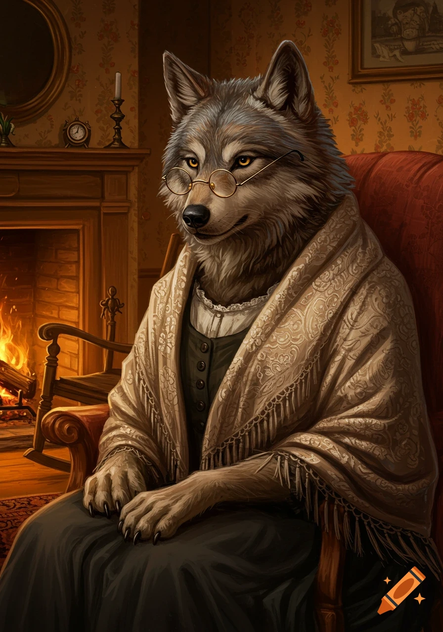 An anthropomorphic wolf with glasses, dressed as a grandmother in a shawl and dress, sits in an armchair by a fireplace.