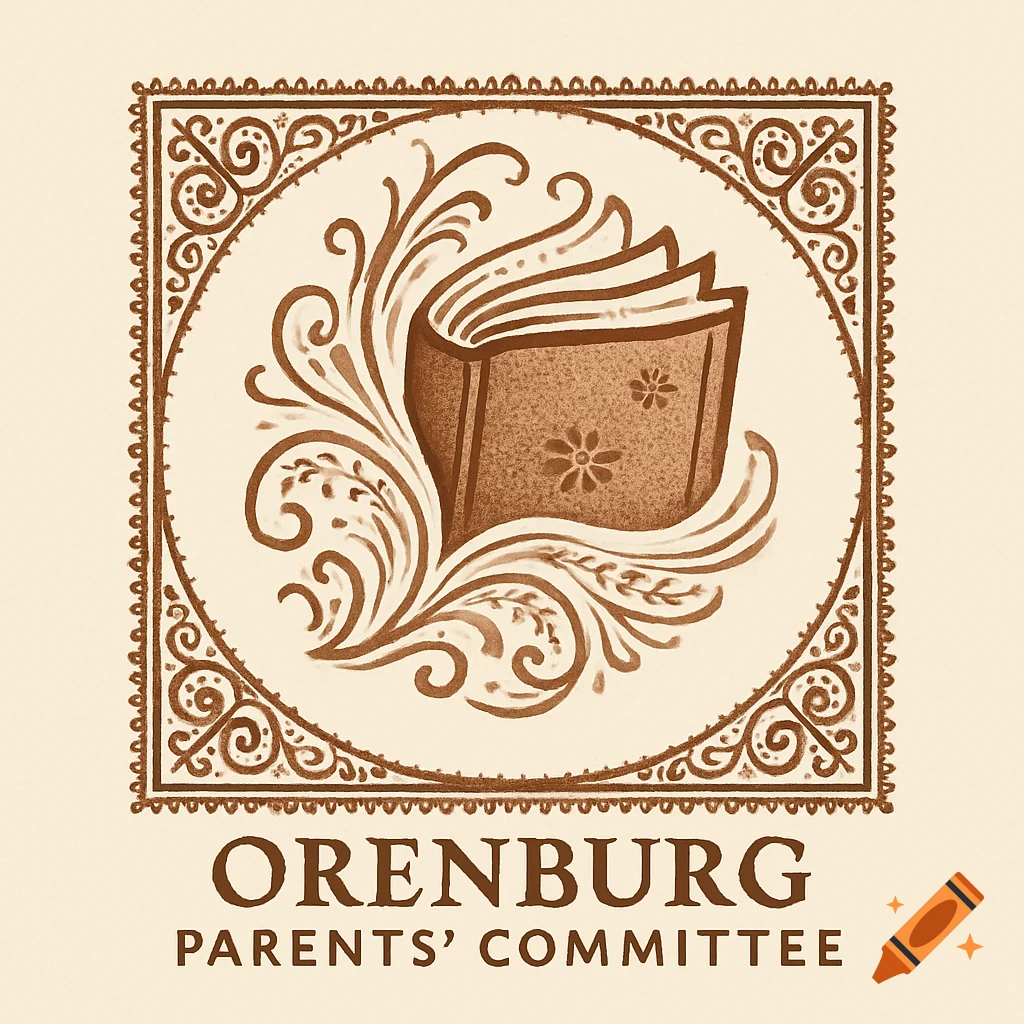 A traditional style logo in brown tones features an open book with flower patterns surrounded by ornate swirls, above the text 'ORENBURG PARENTS' COMMITTEE'.