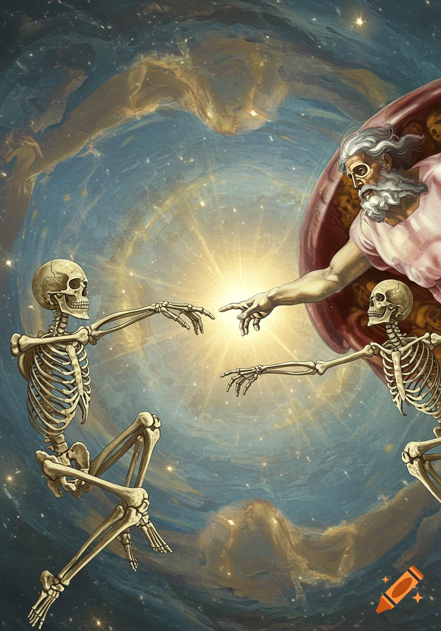 Skeletal figures of God and Adam touching hands in a starry nebula, inspired by Michelangelo's Creation of Adam.