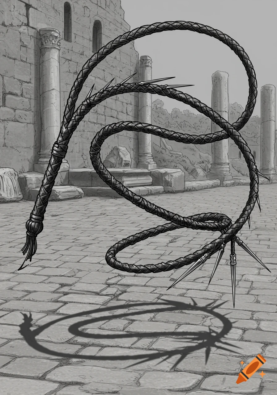 A detailed black and white sketch of a spiky Roman flagrum whip coiling on a paved ground with ancient ruins in the background.