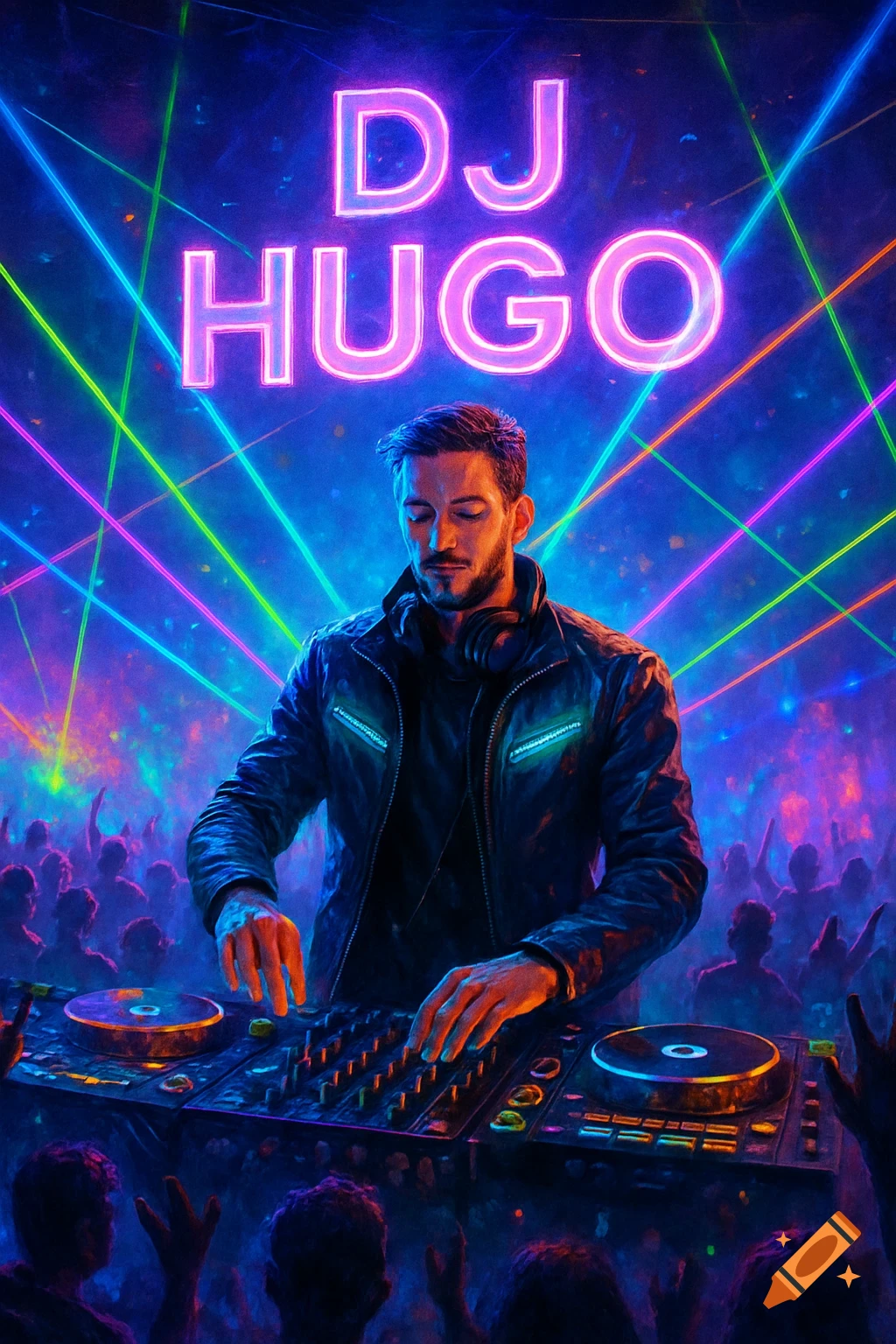 A male DJ in a leather jacket plays on decks at a neon-lit concert, with 'DJ HUGO' glowing above the crowd.