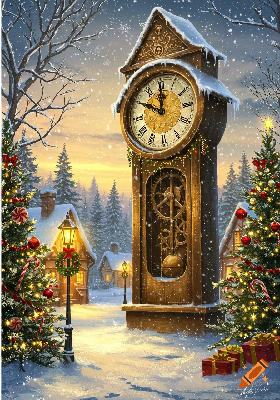 A detailed grandfather clock stands in a snowy Christmas village with decorated trees, glowing lampposts, and a sunset sky, illustration.