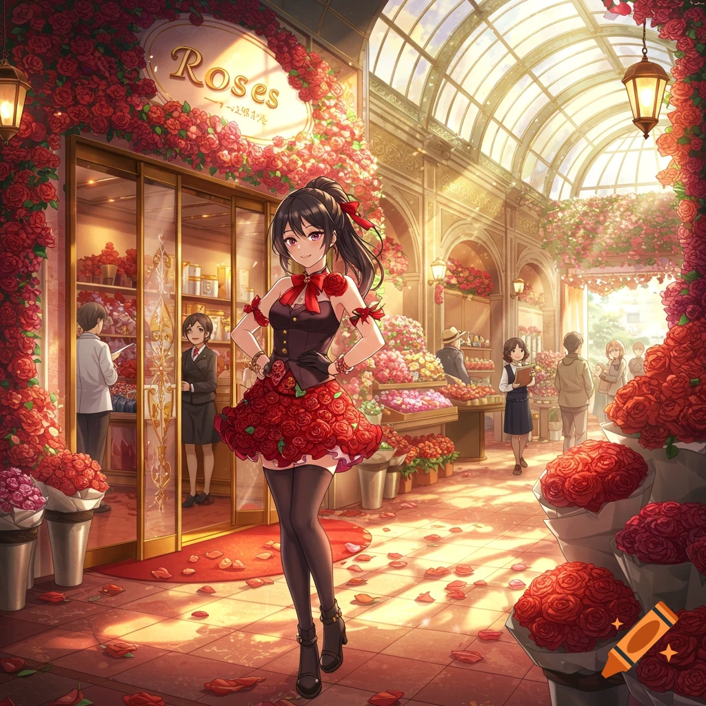Anime woman in a rose-adorned dress stands smiling in a bustling, sunlit rose department store.